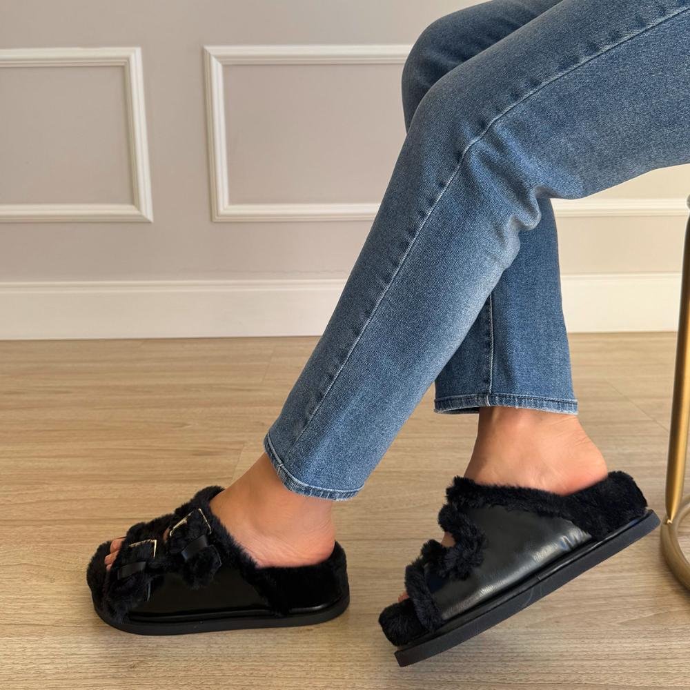 Beth - Papete Flatform Preta com Pelos Preto 5