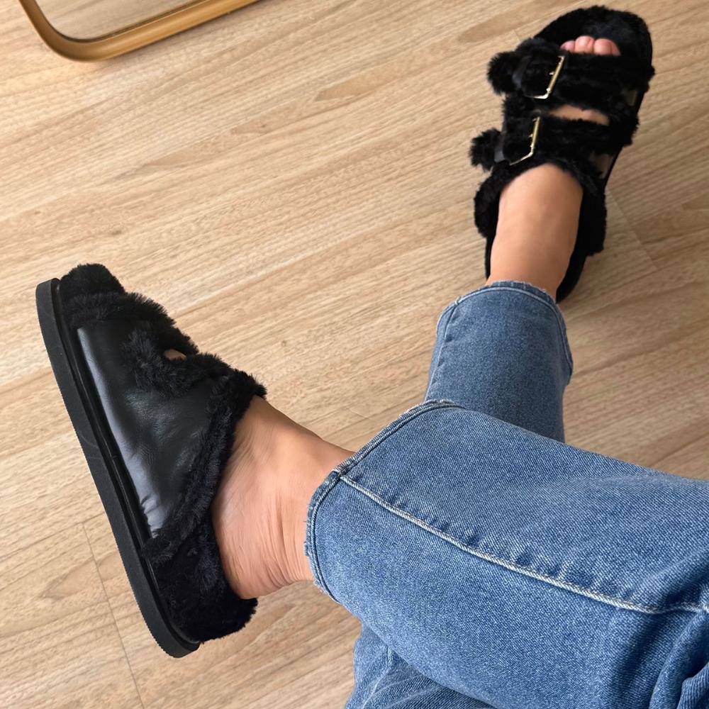 Beth - Papete Flatform Preta com Pelos Preto 7