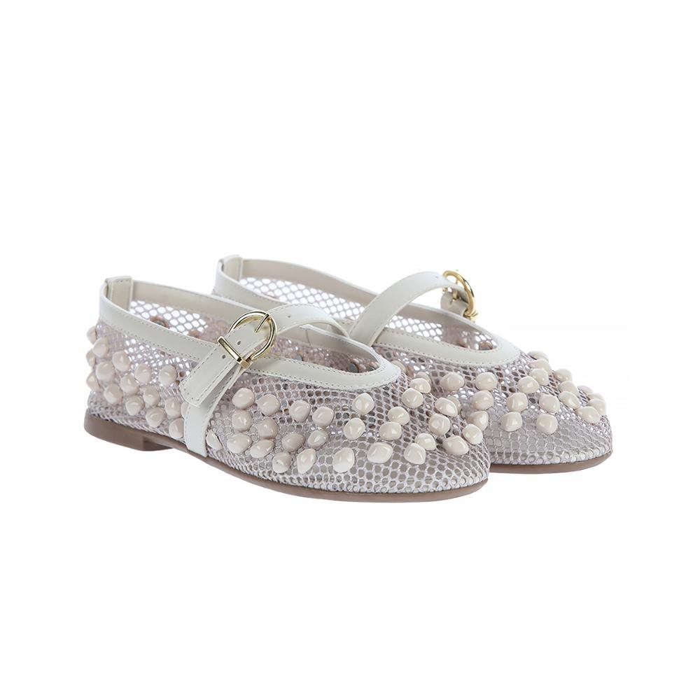 Marina - Sapatilha Damannu em Tela Off White com Aplicações e Fivela Branco 2