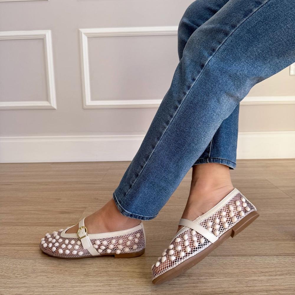 Marina - Sapatilha Damannu em Tela Off White com Aplicações e Fivela Branco 4