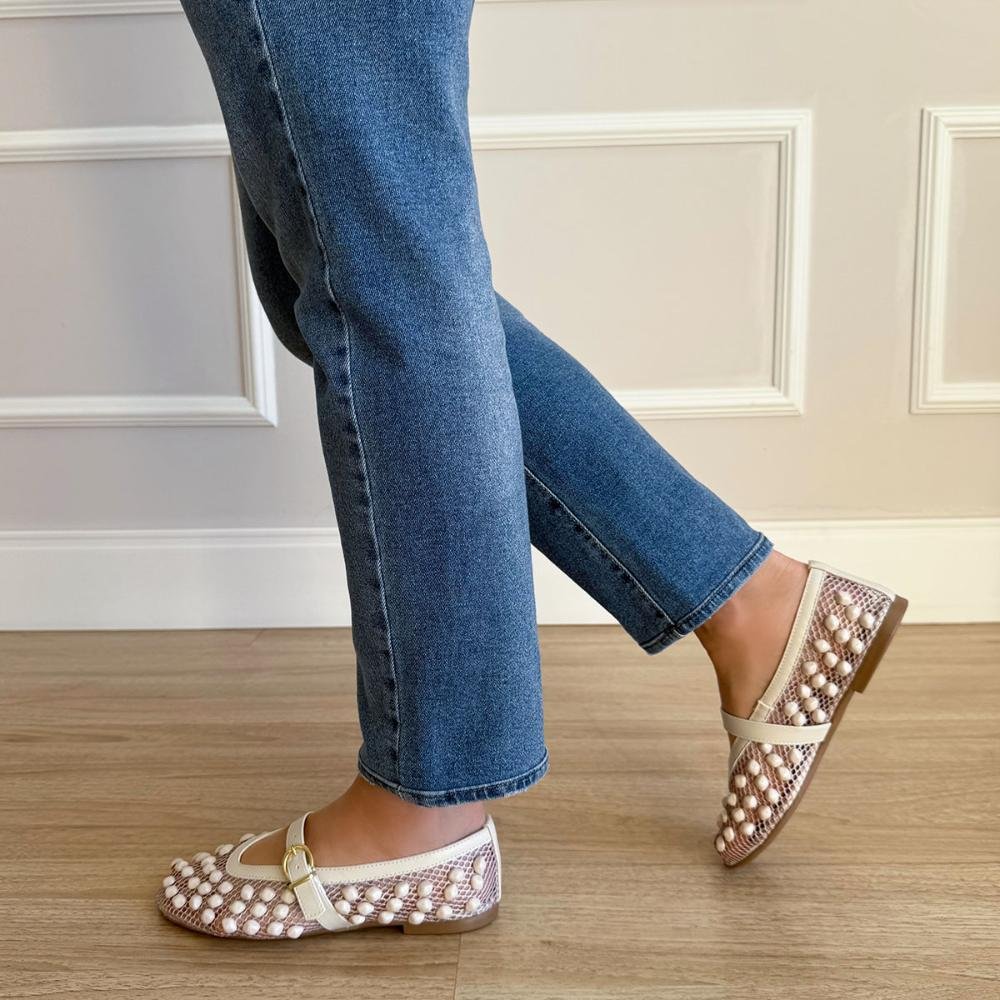 Marina - Sapatilha Damannu em Tela Off White com Aplicações e Fivela Branco 8