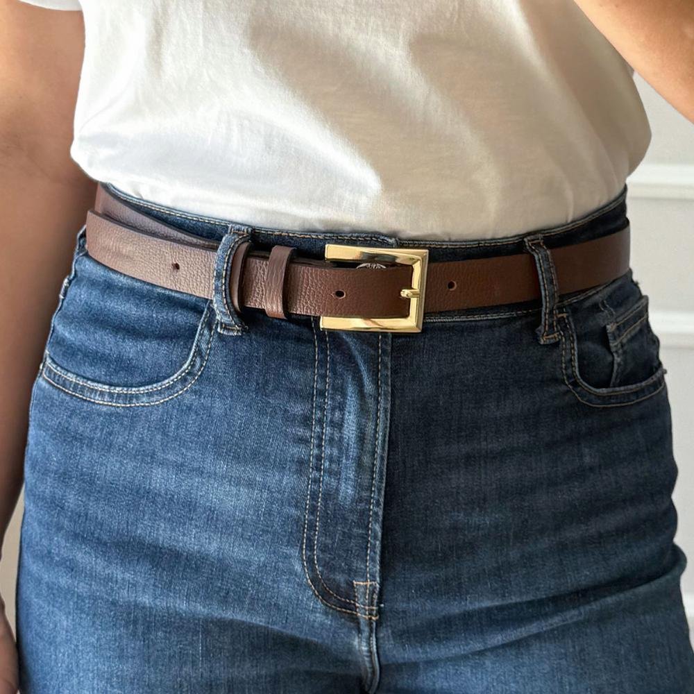 Lilian - Cinto Feminino Couro Legítimo Marrom Fivela Dourada Marrom 2