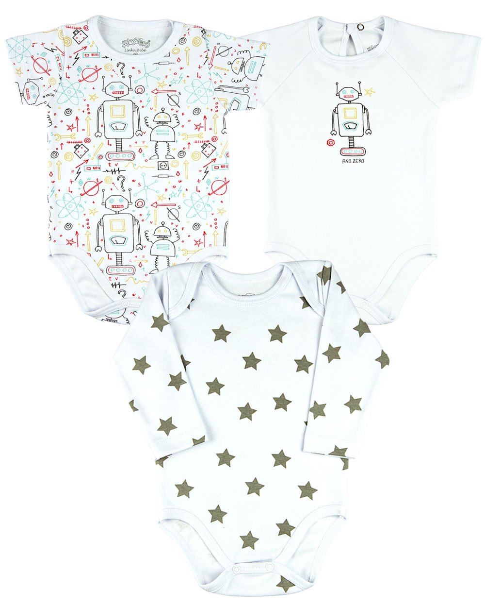 Kit Body Bebê Menino Suedine Estampado Robôs e Estrelas - Branco