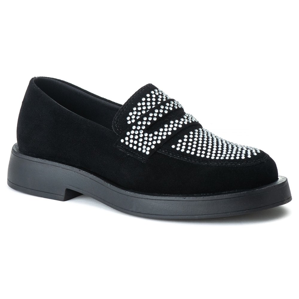 Sapato Mocassim Casual Feminino Aberto Brilho Sola Borracha Reta Bico Redondo Mulher Elegante Preto 1