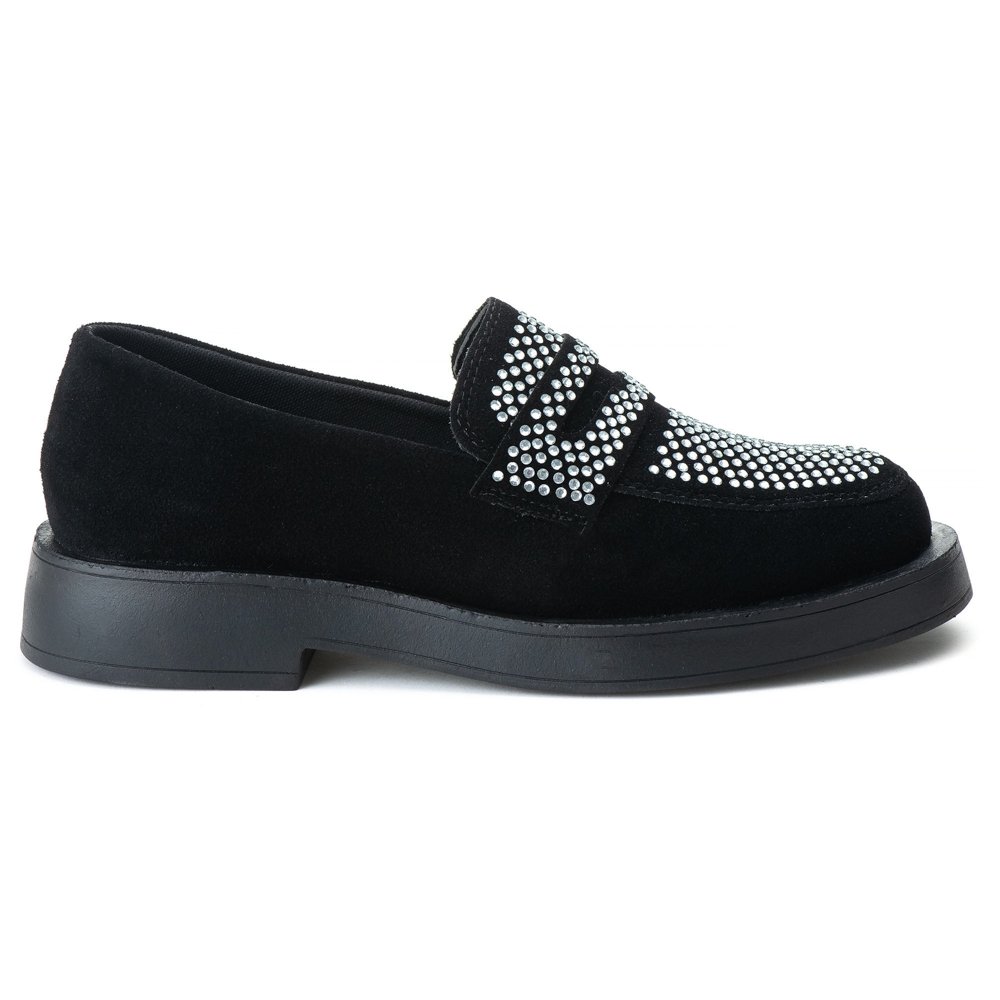 Sapato Mocassim Casual Feminino Aberto Brilho Sola Borracha Reta Bico Redondo Mulher Elegante Preto 3