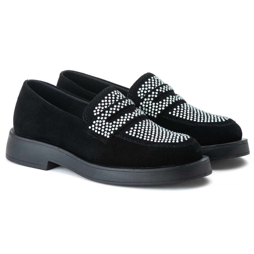 Sapato Mocassim Casual Feminino Aberto Brilho Sola Borracha Reta Bico Redondo Mulher Elegante Preto 4