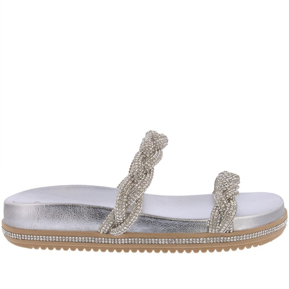 Tamanco Gabriela Flatform Tiras Tressê Strass Metalizada Prata Prata 2