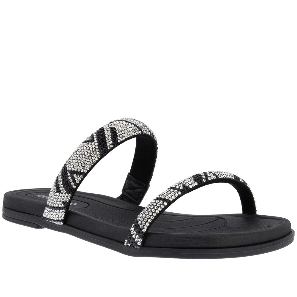 Rasteira Penélope Flat Tiras Strass Multicolor Preto