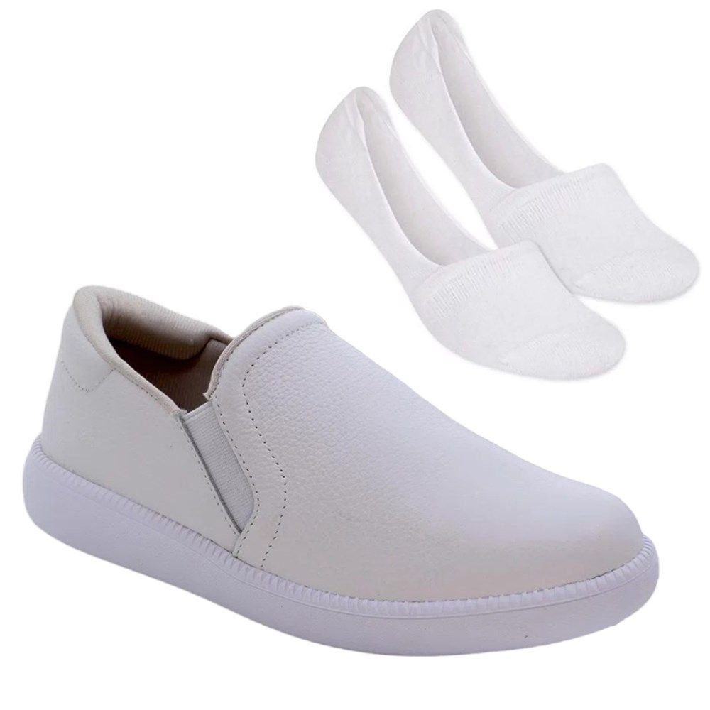 Kit Tênis Usaflex Slip On Couro Feminino + Meia