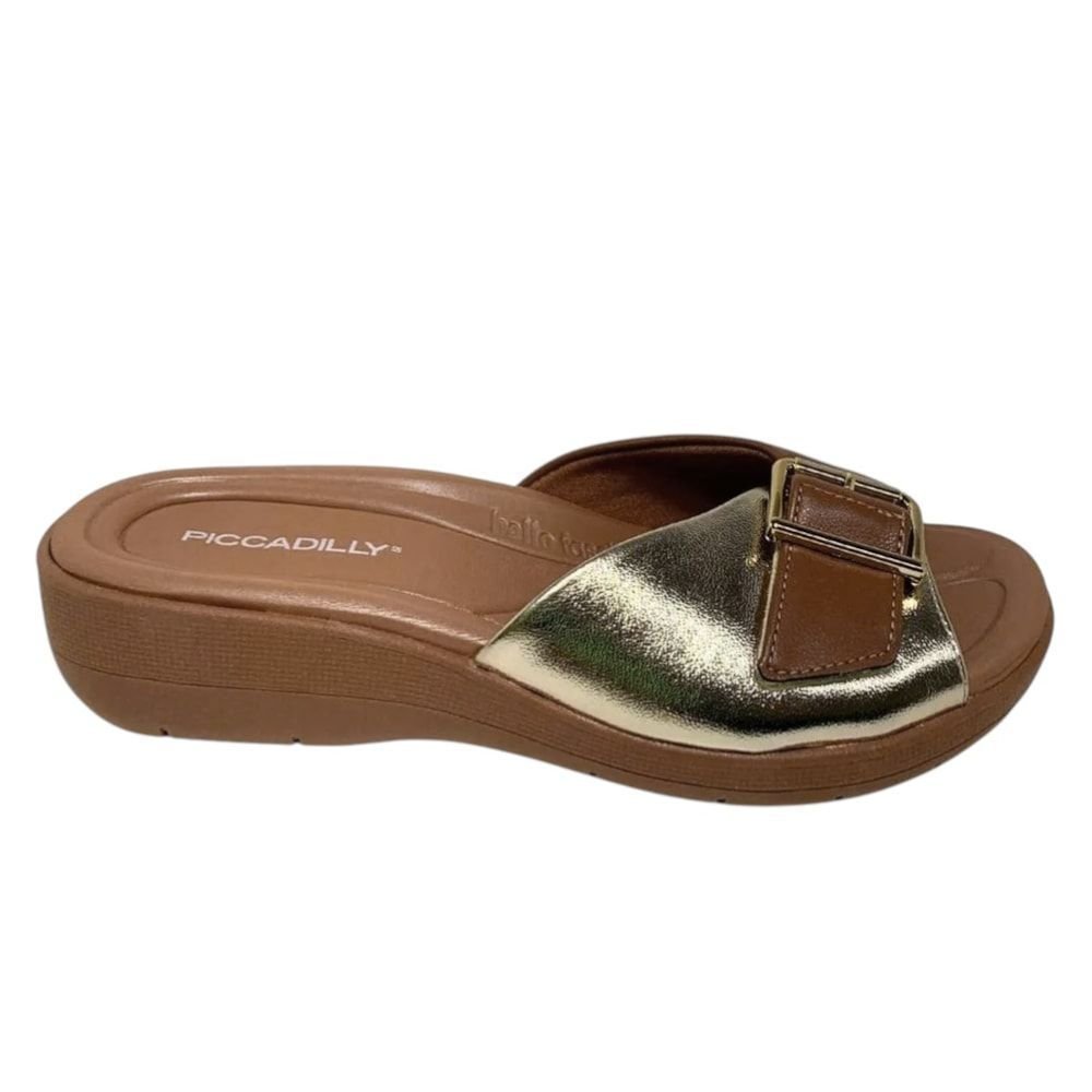 Tamanco Piccadilly Fascite Salto Anabela Feminino Marrom/Dourado