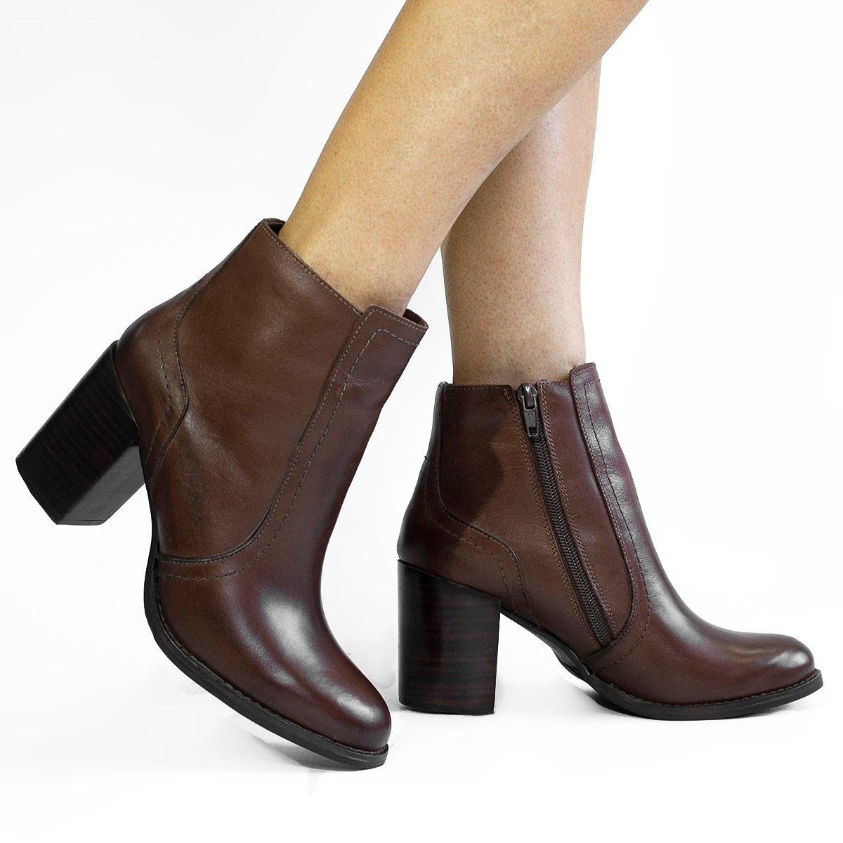 Bota Salto Bloco Couro Lourença Marrom