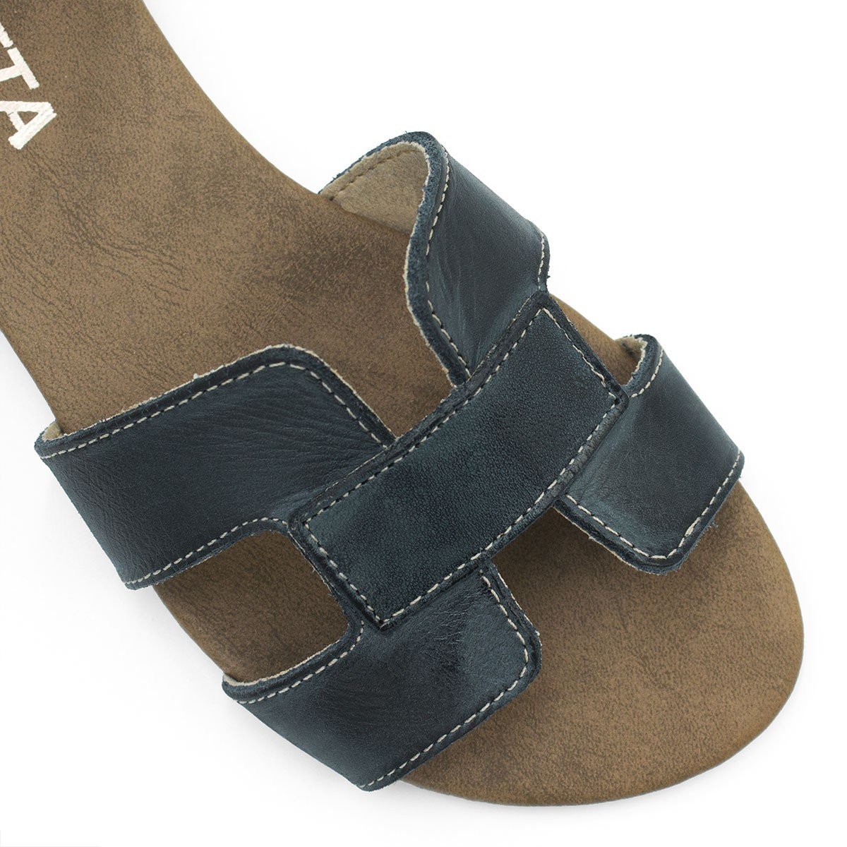 Sandália Rasteira Couro H Fechada Melina Marinho Azul 4