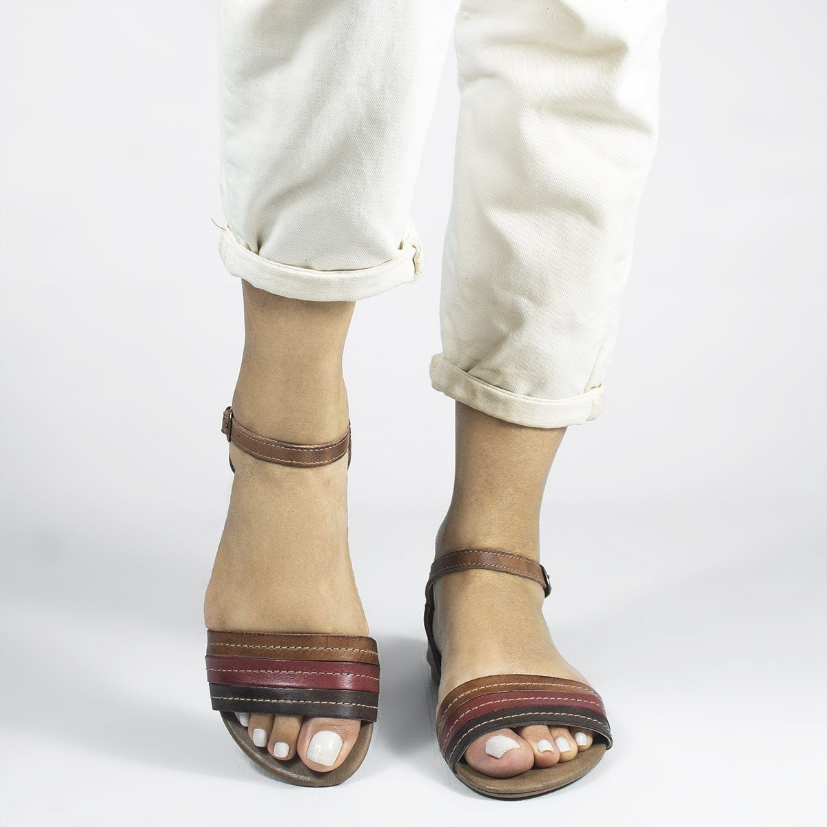 Sandália Rasteira Couro Viviane Multicolor Vermelho Marrom 3