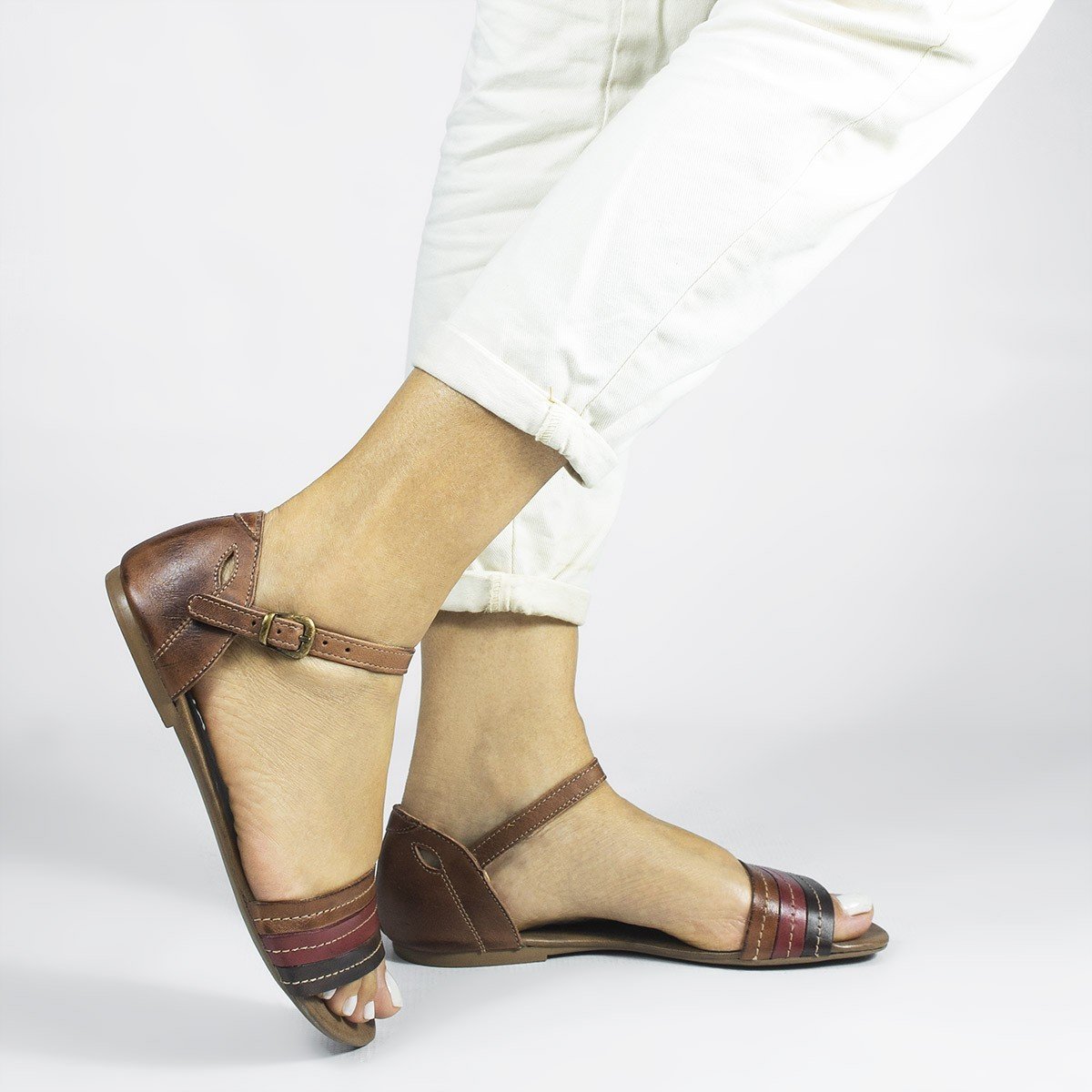 Sandália Rasteira Couro Viviane Multicolor Vermelho Marrom 5