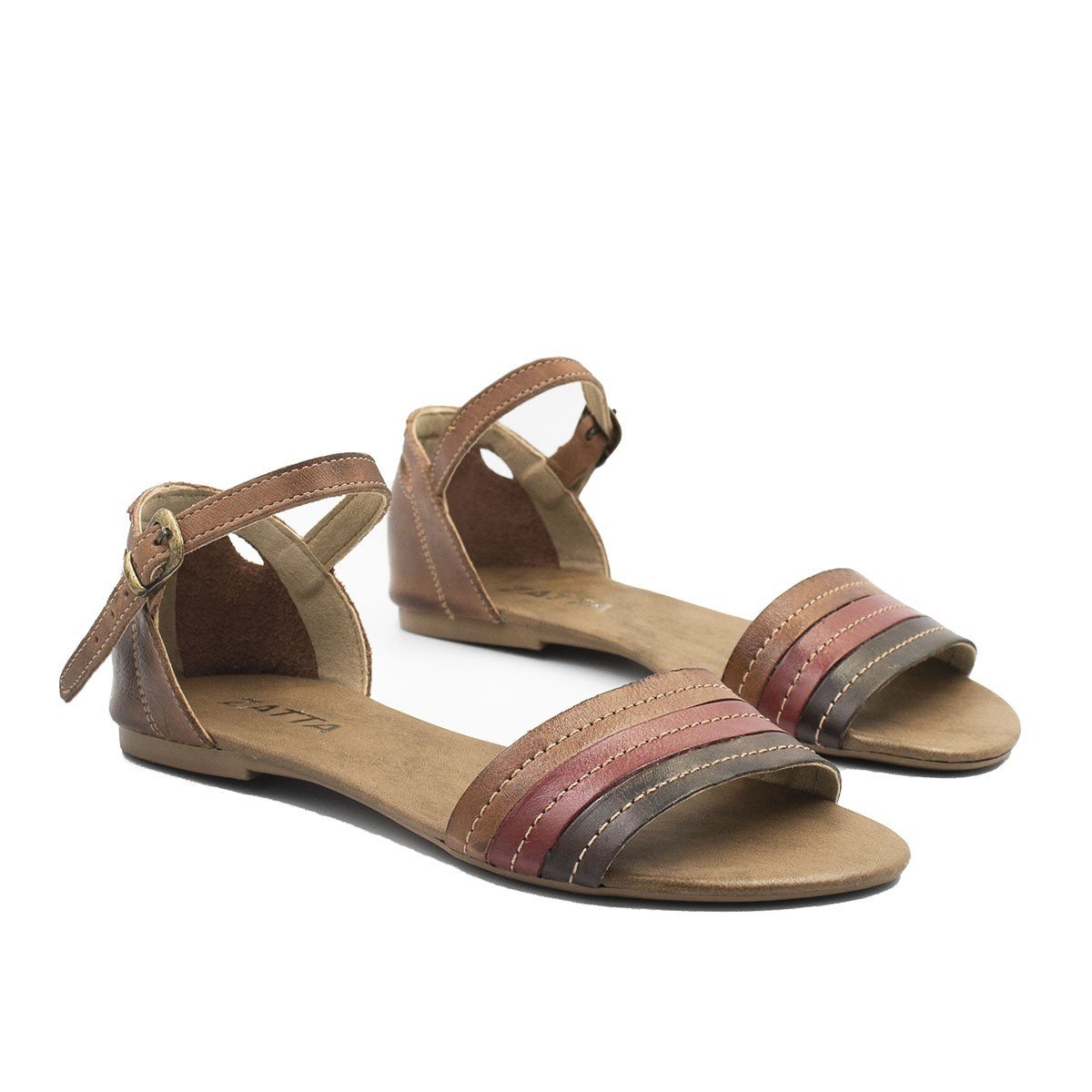 Sandália Rasteira Couro Viviane Multicolor Vermelho Marrom 6