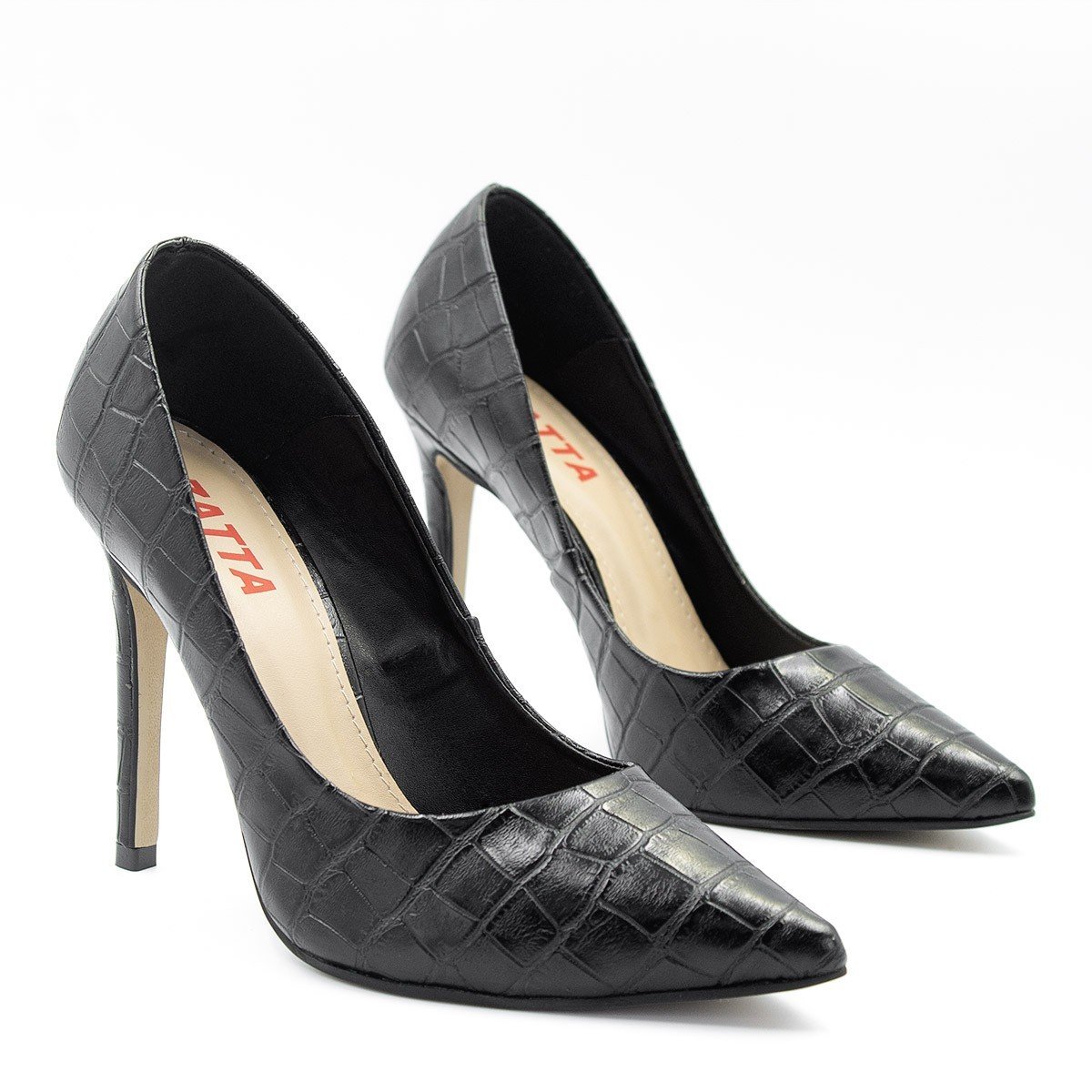 Scarpin Salto Alto Bico Fino Suzy Croco Preto Preto 8