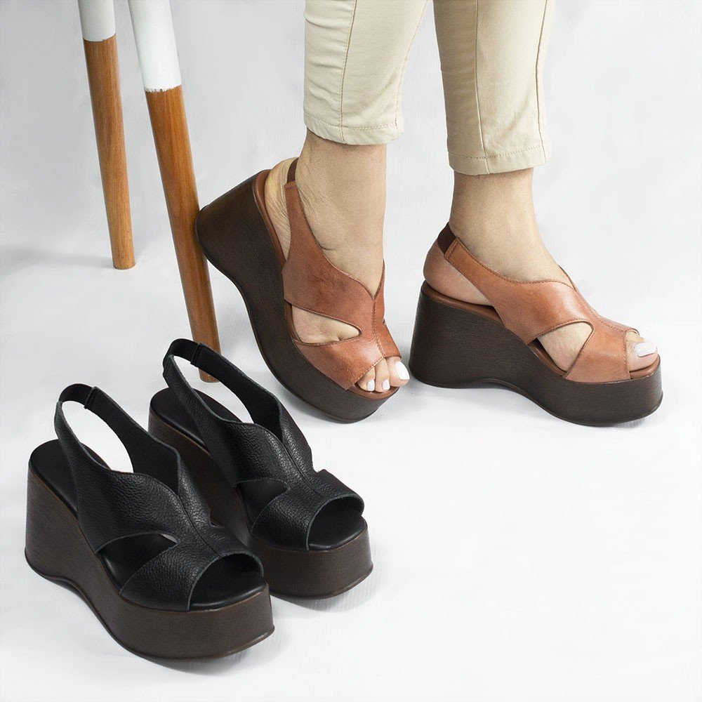 Sandália Anabela Couro Pâmela Caramelo Marrom 6