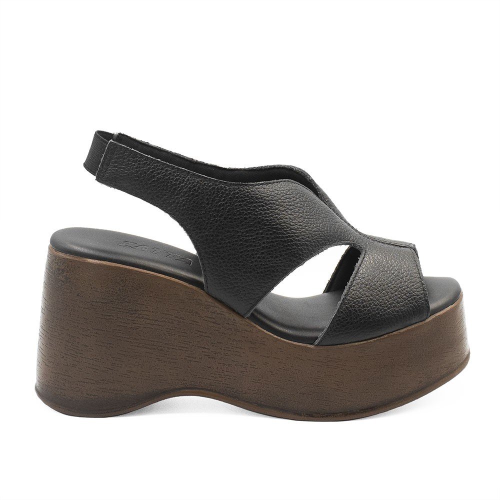 Sandália Anabela Couro Pâmela Preta Preto 2