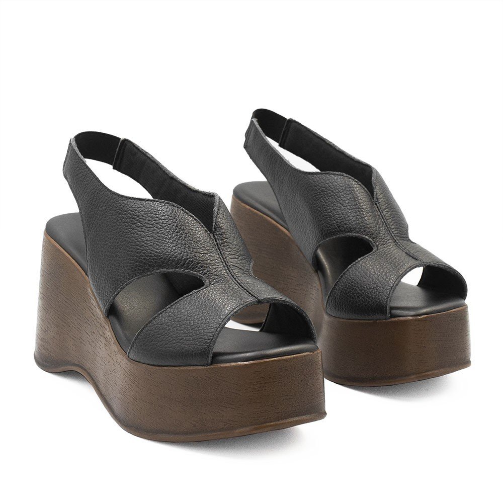 Sandália Anabela Couro Pâmela Preta Preto 9