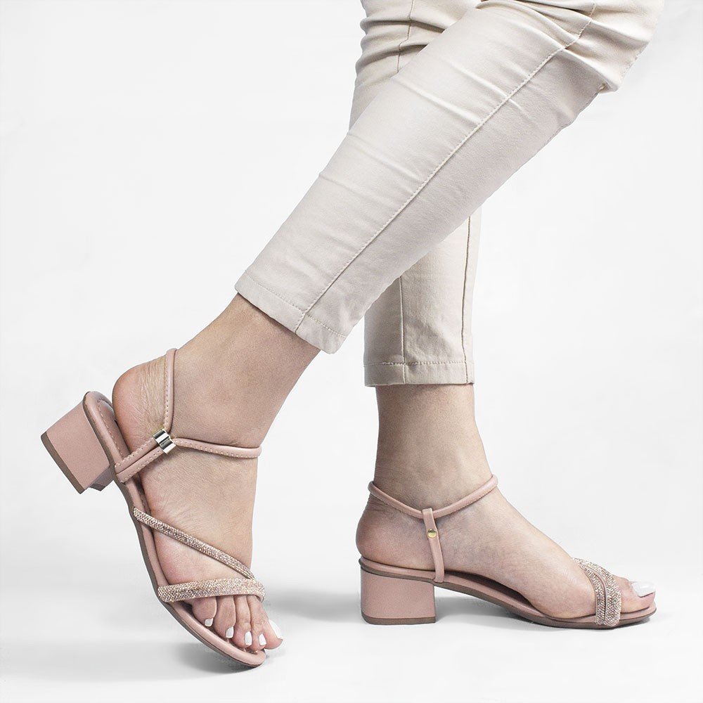 Sandália Salto Bloco Médio Strass Marli  Nude Bege 4