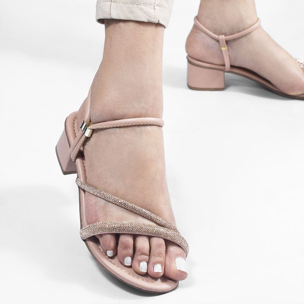 Sandália Salto Bloco Médio Strass Marli  Nude Bege 5