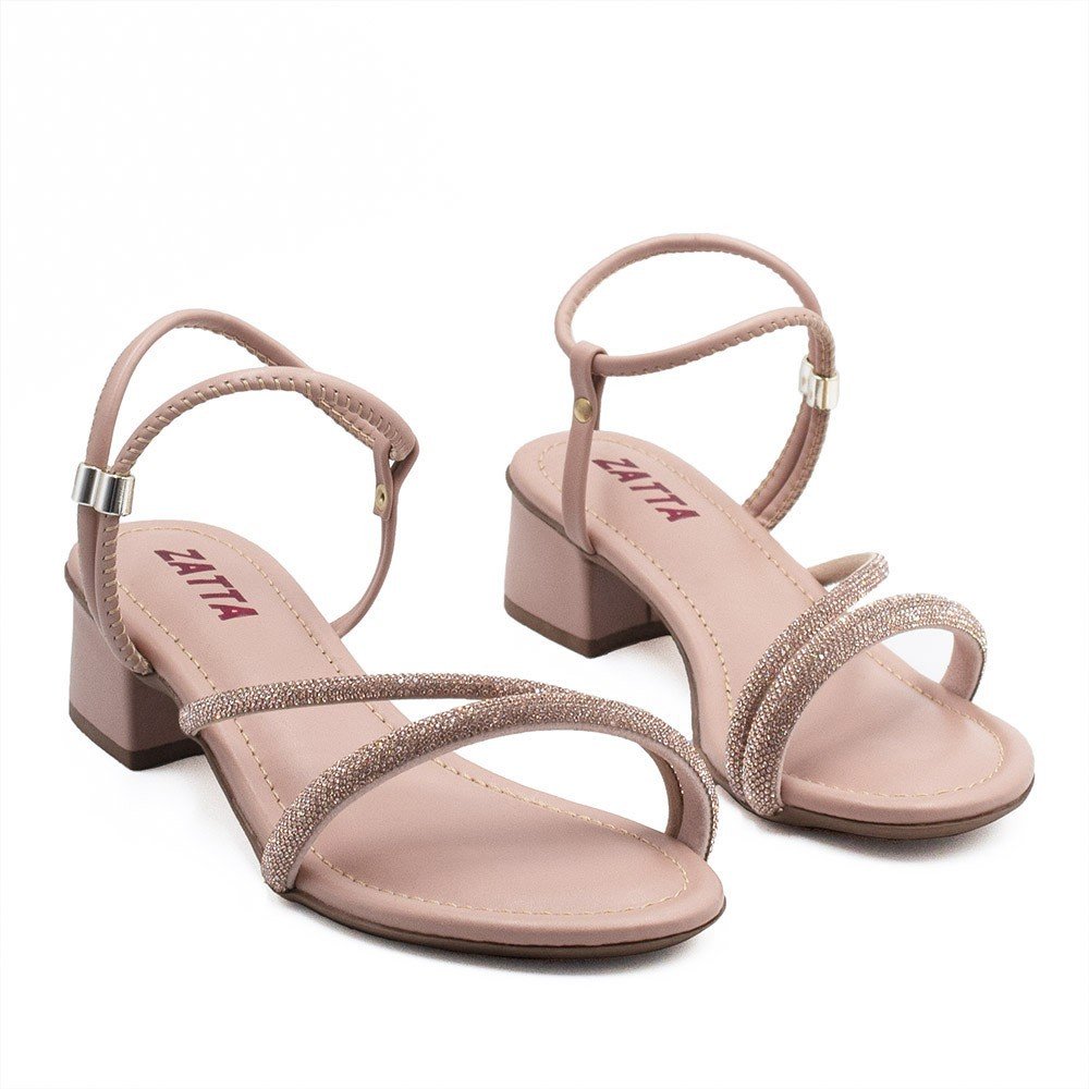 Sandália Salto Bloco Médio Strass Marli  Nude Bege 6