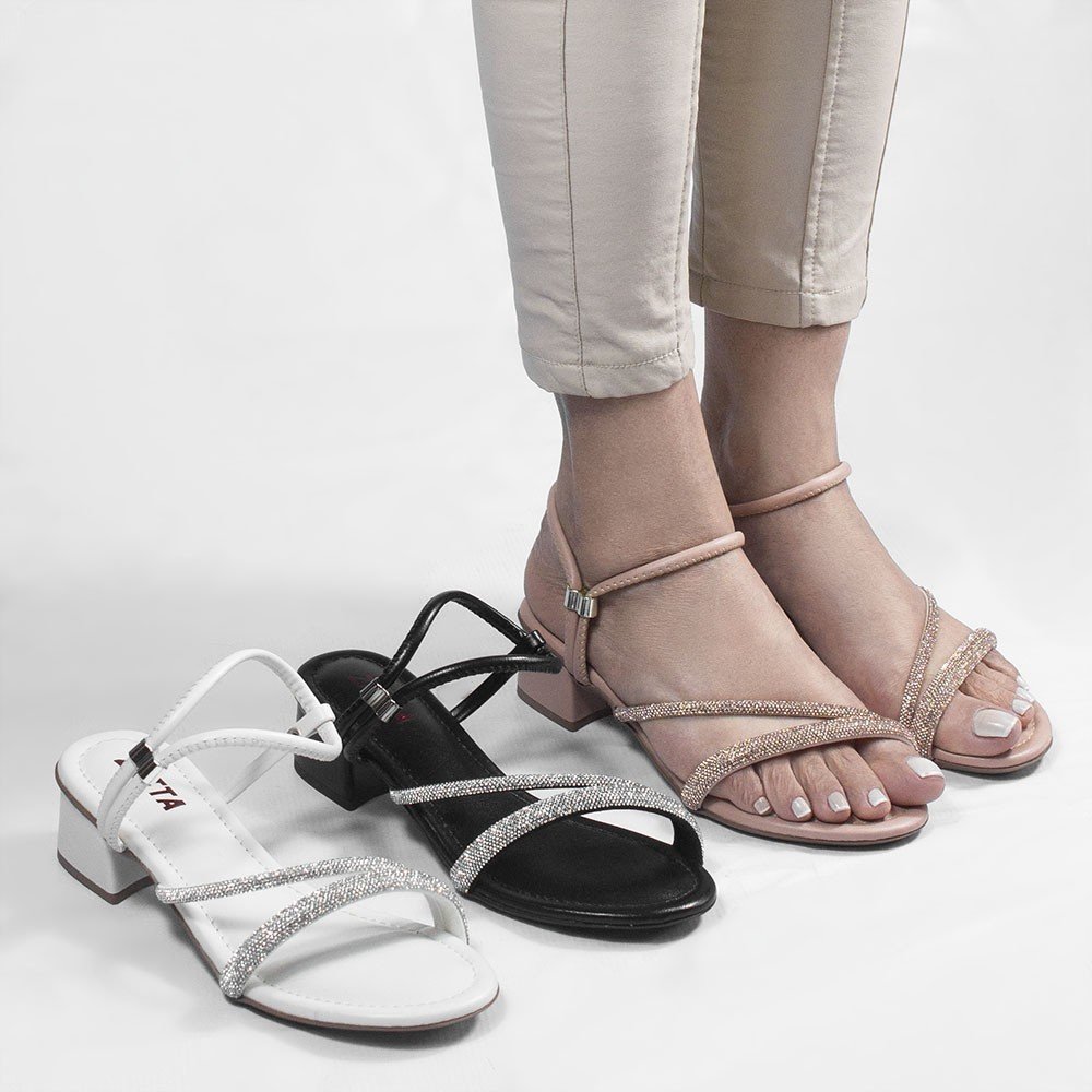 Sandália Salto Bloco Médio Strass Marli  Nude Bege 10