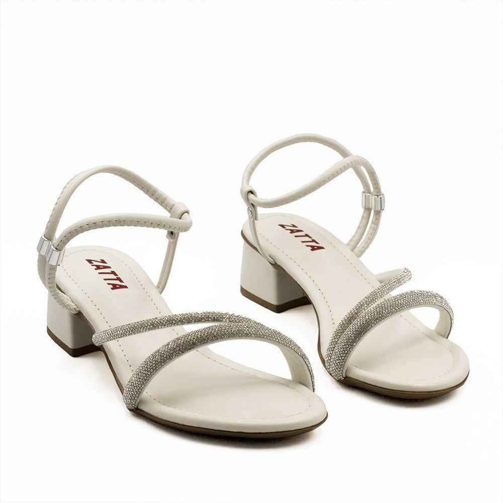 Sandália Salto Bloco Médio Strass Marli  Off White Branco 6