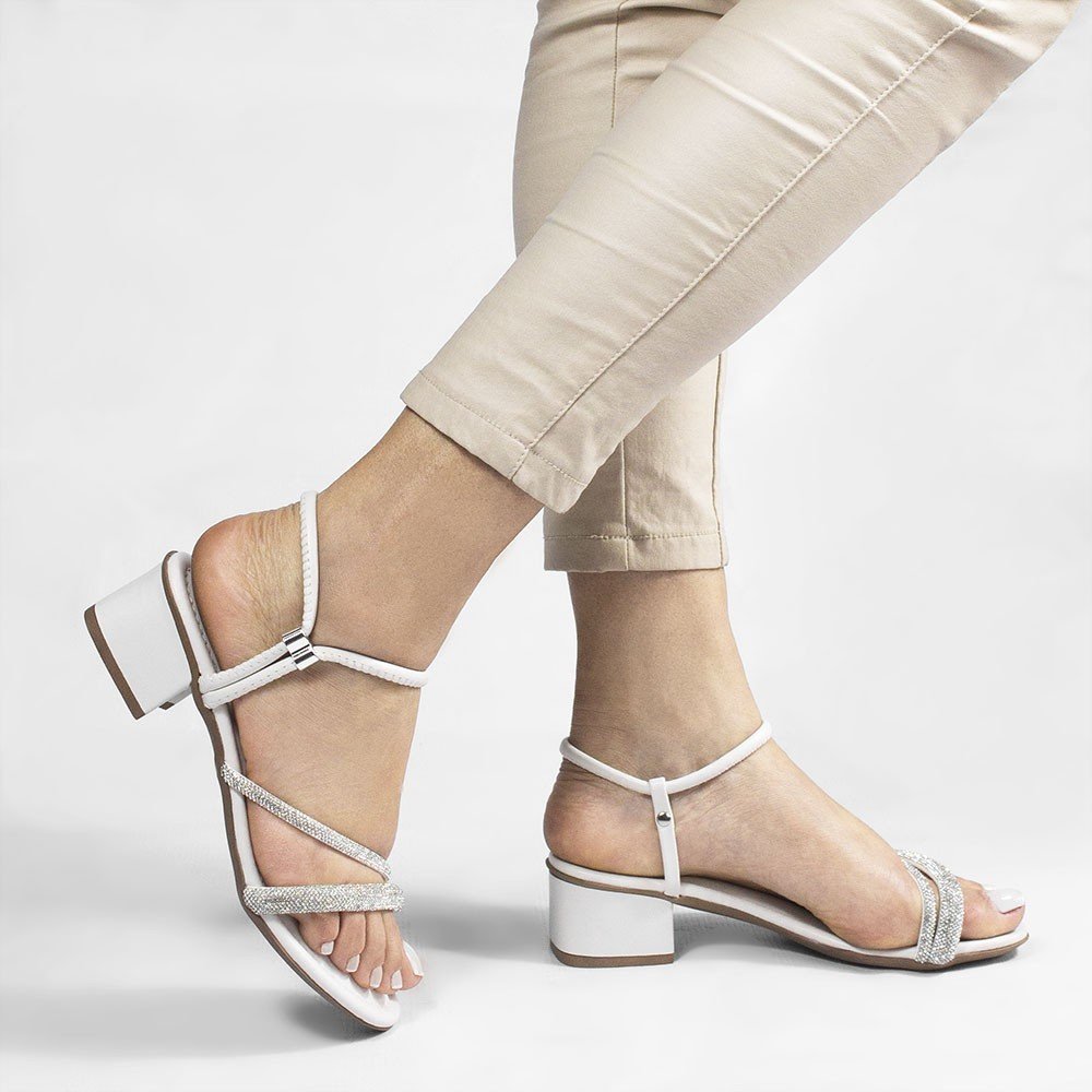 Sandália Salto Bloco Médio Strass Marli  Off White Branco 8
