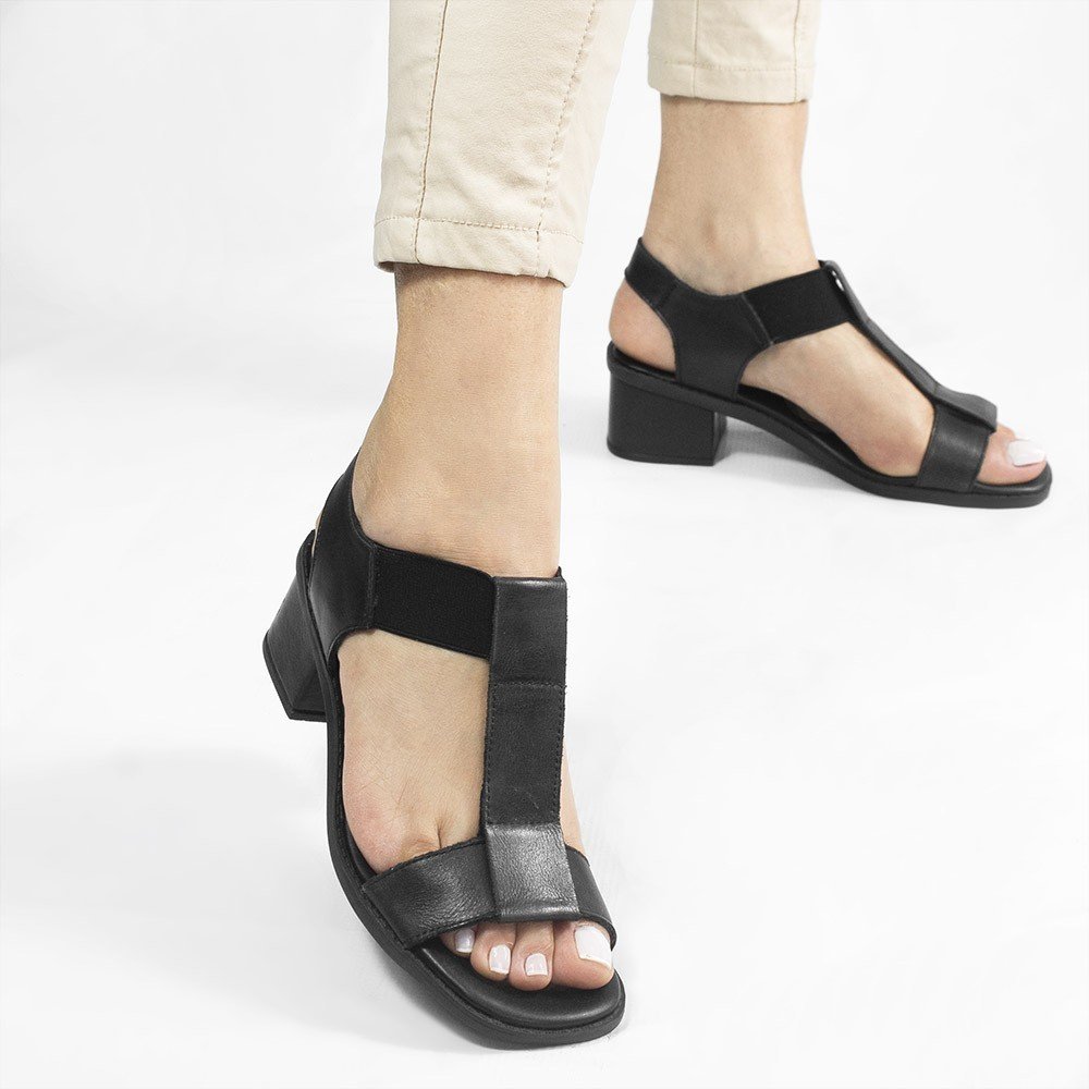 Sandália Salto Bloco Elástico Couro Pitty Preta Preto 3