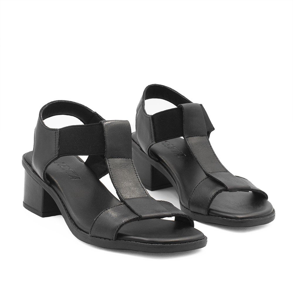 Sandália Salto Bloco Elástico Couro Pitty Preta Preto 5