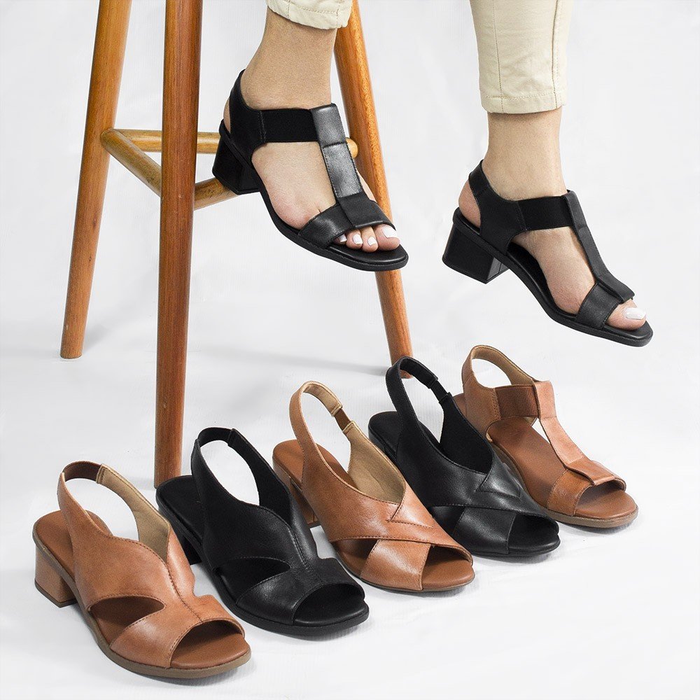 Sandália Salto Bloco Elástico Couro Pitty Preta Preto 6