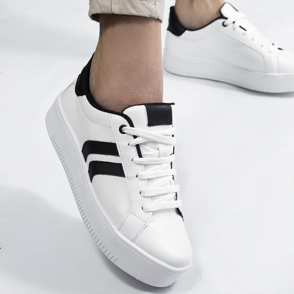 Tênis Zatta Casual  Duas Listras Lateral Lídia Branco Branco/Preto 7