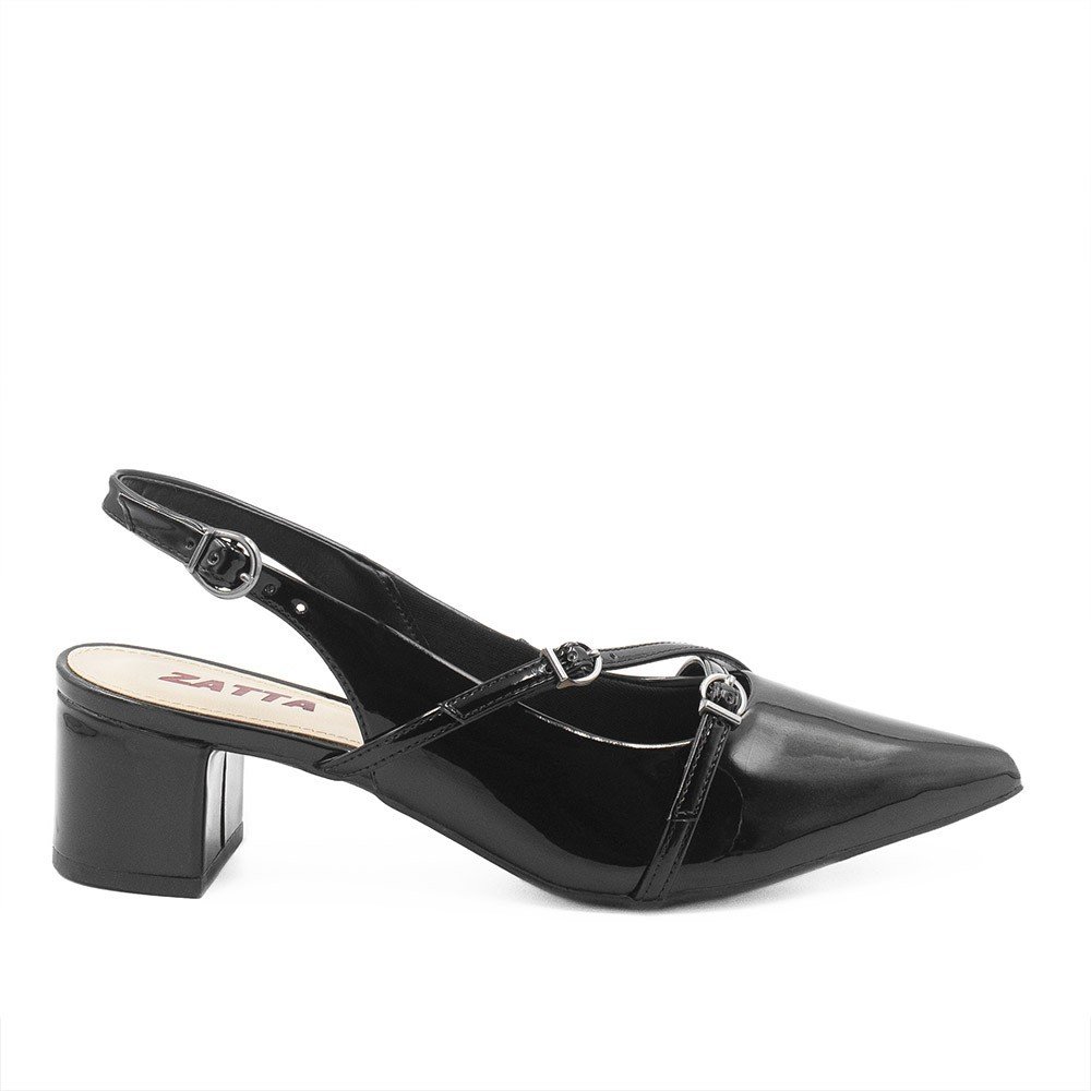 Slingback Bico Fino Fivela Cruzada  Marisa Preto Verniz Preto 3