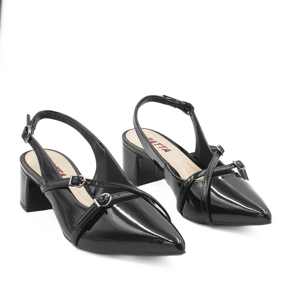 Slingback Bico Fino Fivela Cruzada  Marisa Preto Verniz Preto 8