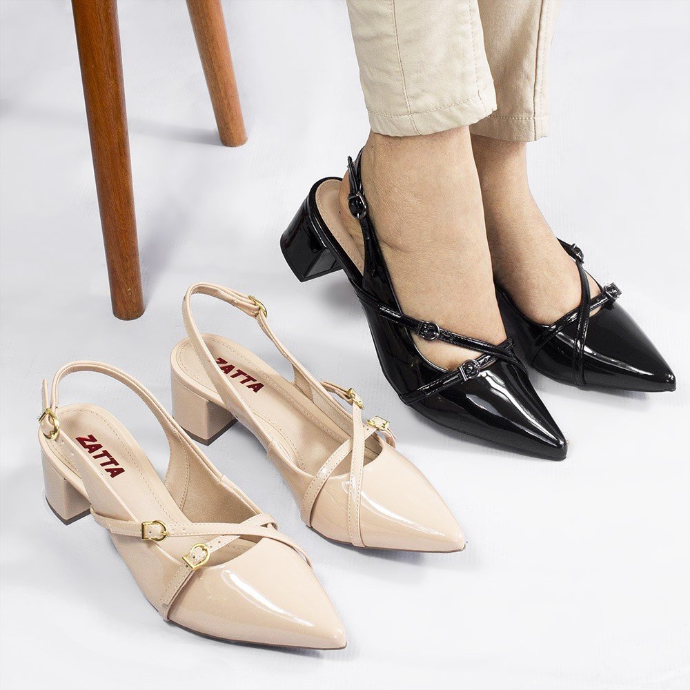 Slingback Bico Fino Fivela Cruzada  Marisa Preto Verniz Preto 10