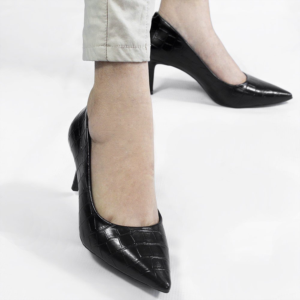 Scarpin Salto Baixo Bico Fino Lolita Preto Croco Preto 7