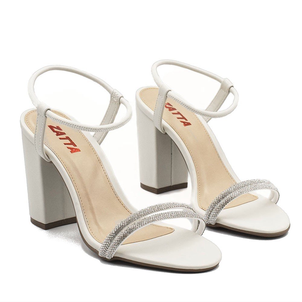 Sandália Salto Alto Tiras Strass Bruna Off White Branco 6