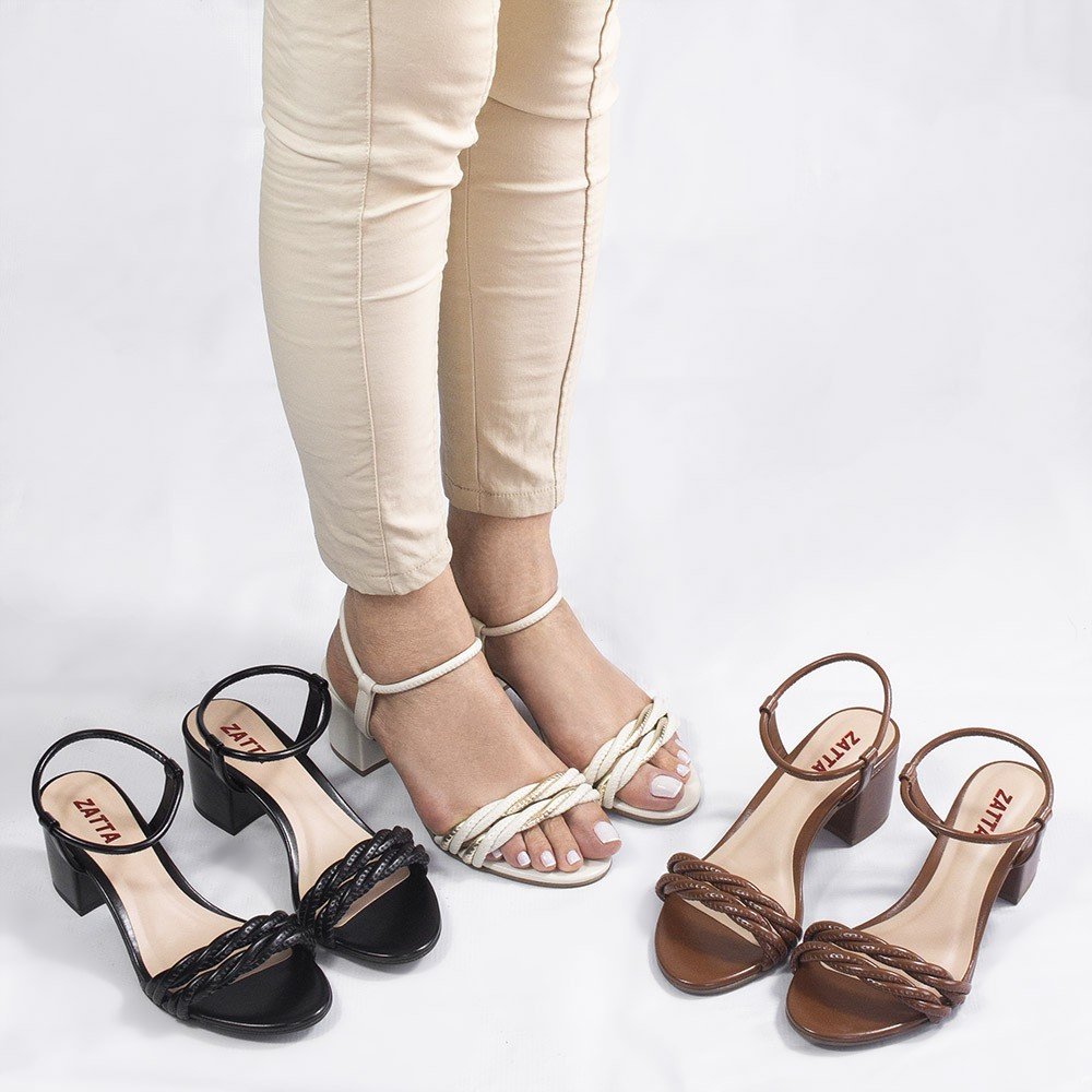 Sandália Zatta Salto Bloco Médio Trançada Paloma Off White Branco 9