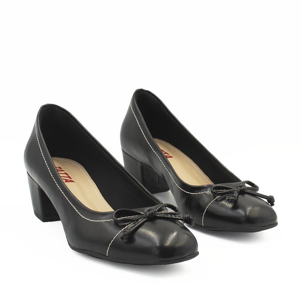 Sapato Zatta Retrô Salto Bloco Laço Rosa Preto Preto 7