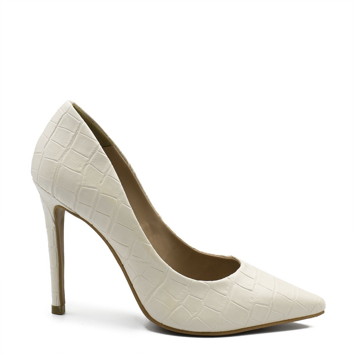 Scarpin Salto Alto  Bico Fino Suzy Croco Off White Branco 2