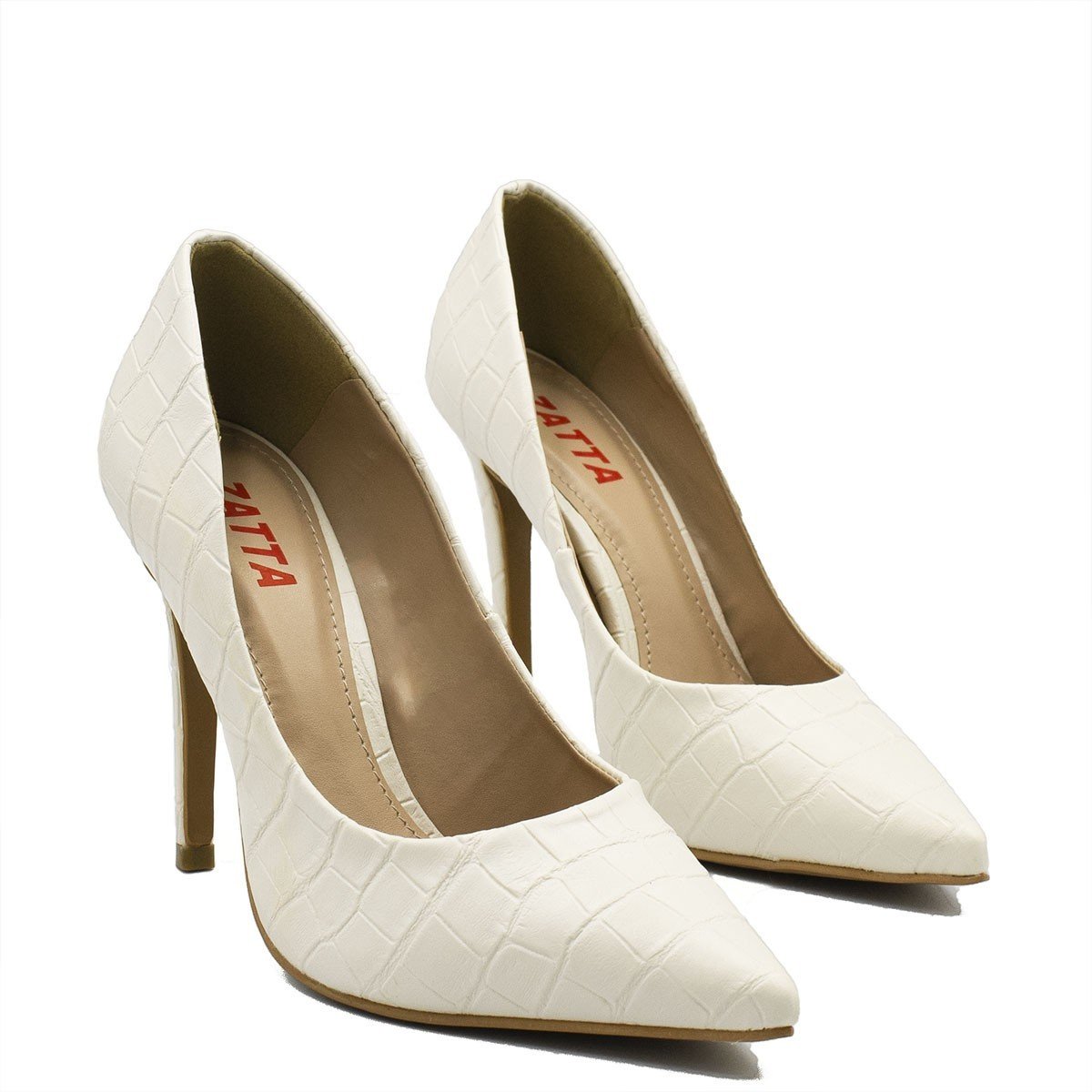 Scarpin Salto Alto  Bico Fino Suzy Croco Off White Branco 5