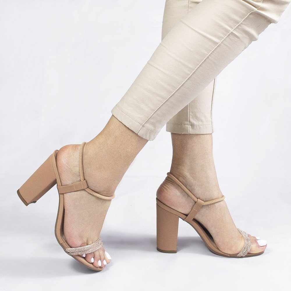 Sandália Salto Alto Tiras Strass Bruna Nude