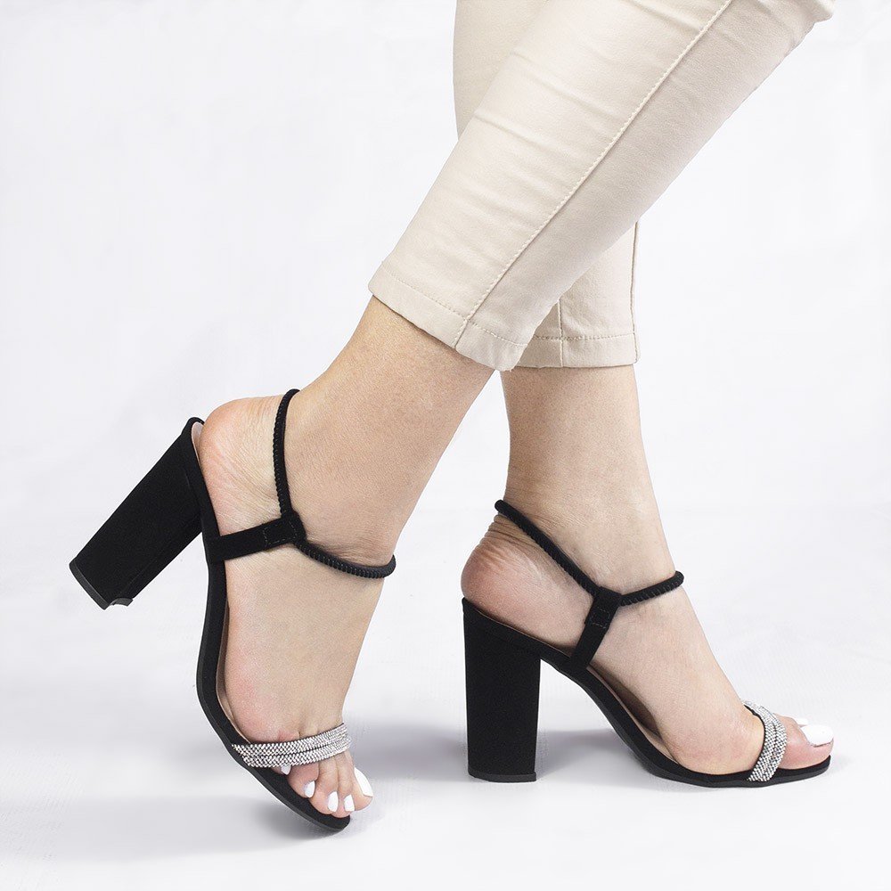 Sandália Salto Alto Tiras Strass Bruna Preto Nobuck Preto 1