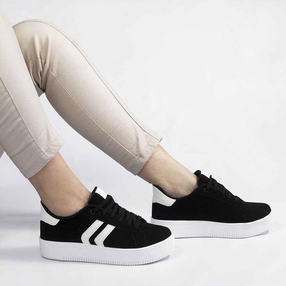 Tênis Casual  Duas Listras Lateral Lídia Nobuck Preto Preto/Branco 4