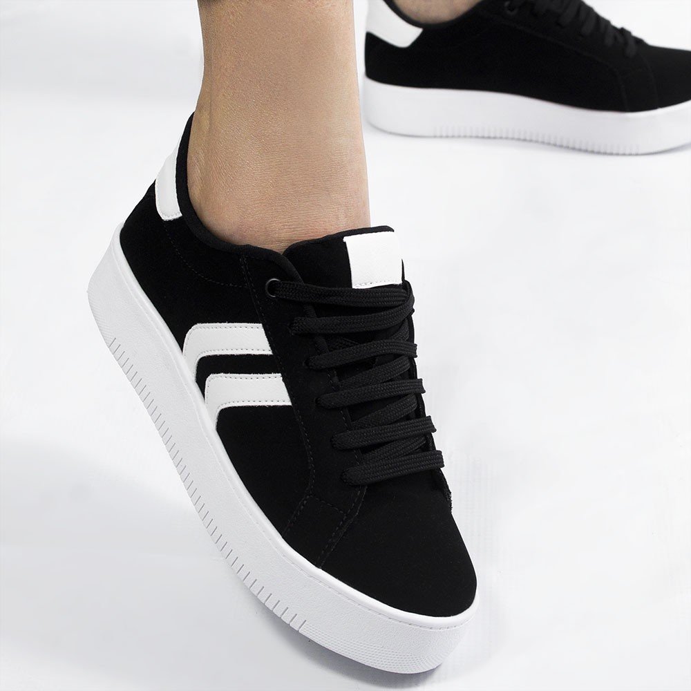 Tênis Casual  Duas Listras Lateral Lídia Nobuck Preto Preto/Branco 7