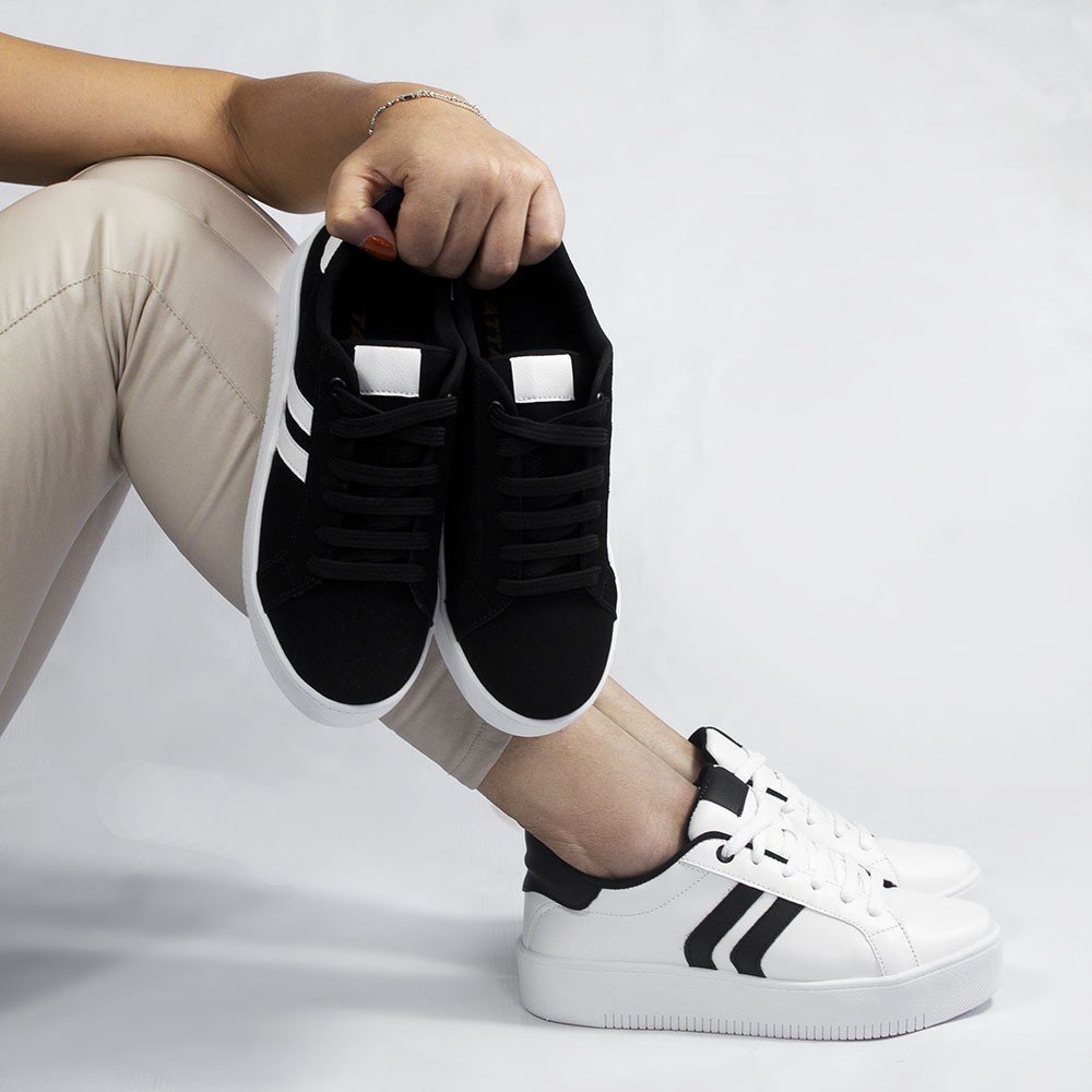 Tênis Casual  Duas Listras Lateral Lídia Nobuck Preto Preto/Branco 10