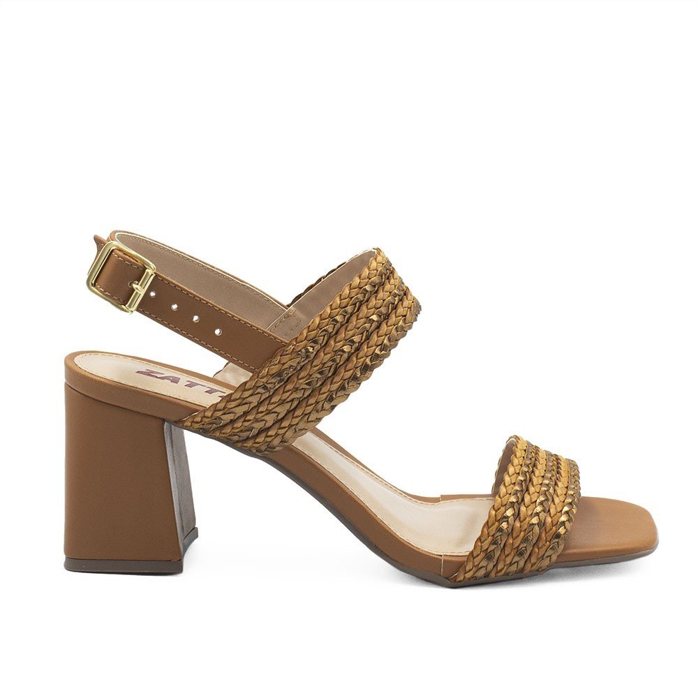 Sandália Zatta Salto Bloco Tiras Trançadas Nicole Caramelo