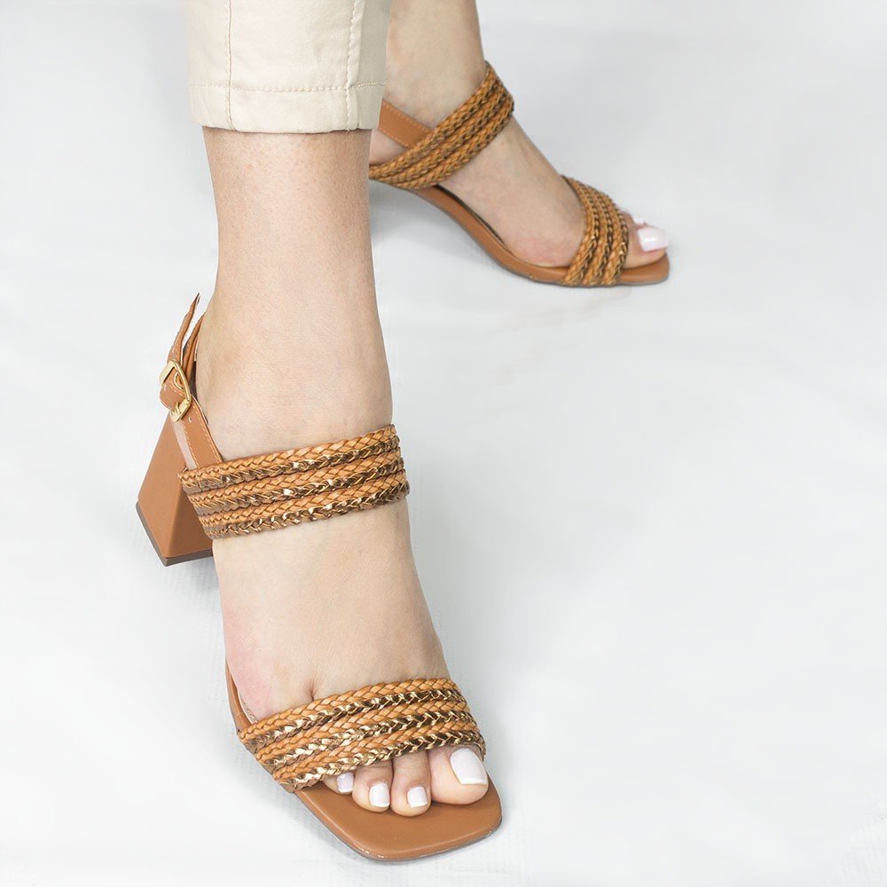 Sandália Zatta Salto Bloco Tiras Trançadas Nicole Caramelo Marrom 4