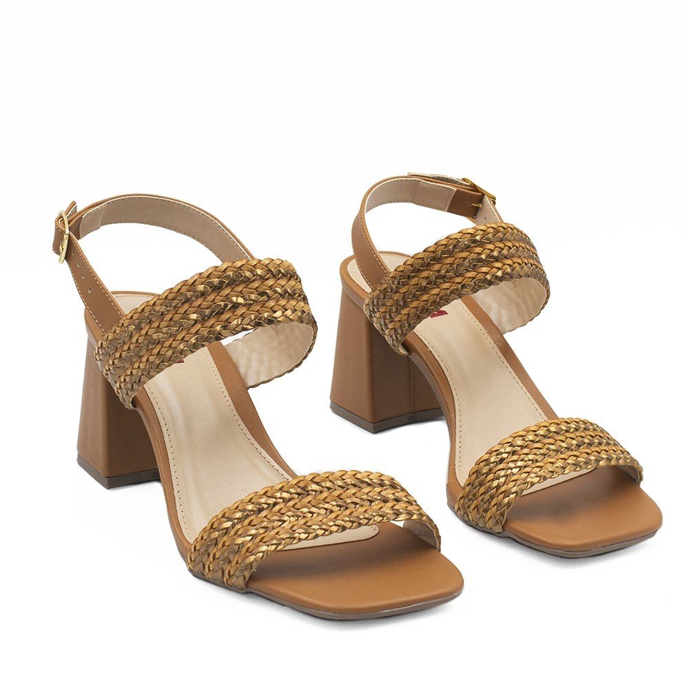Sandália Zatta Salto Bloco Tiras Trançadas Nicole Caramelo Marrom 5